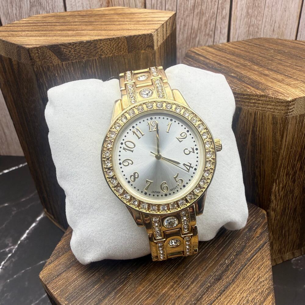 intage Gold Tone Rhinestone Statement Bracelet Watch Japan Movt Y2K